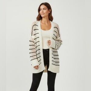 Open Knit Cardigan Striped Lightweight Sweater Cream‎ Black Women's large
